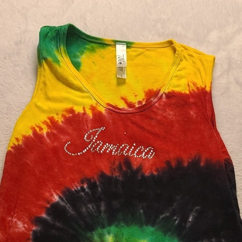 Jamaica Tie Dye Fringe Tank Top Rasta Rhinestone Sleeveless Women's Shirt Large - Picture 12 of 13